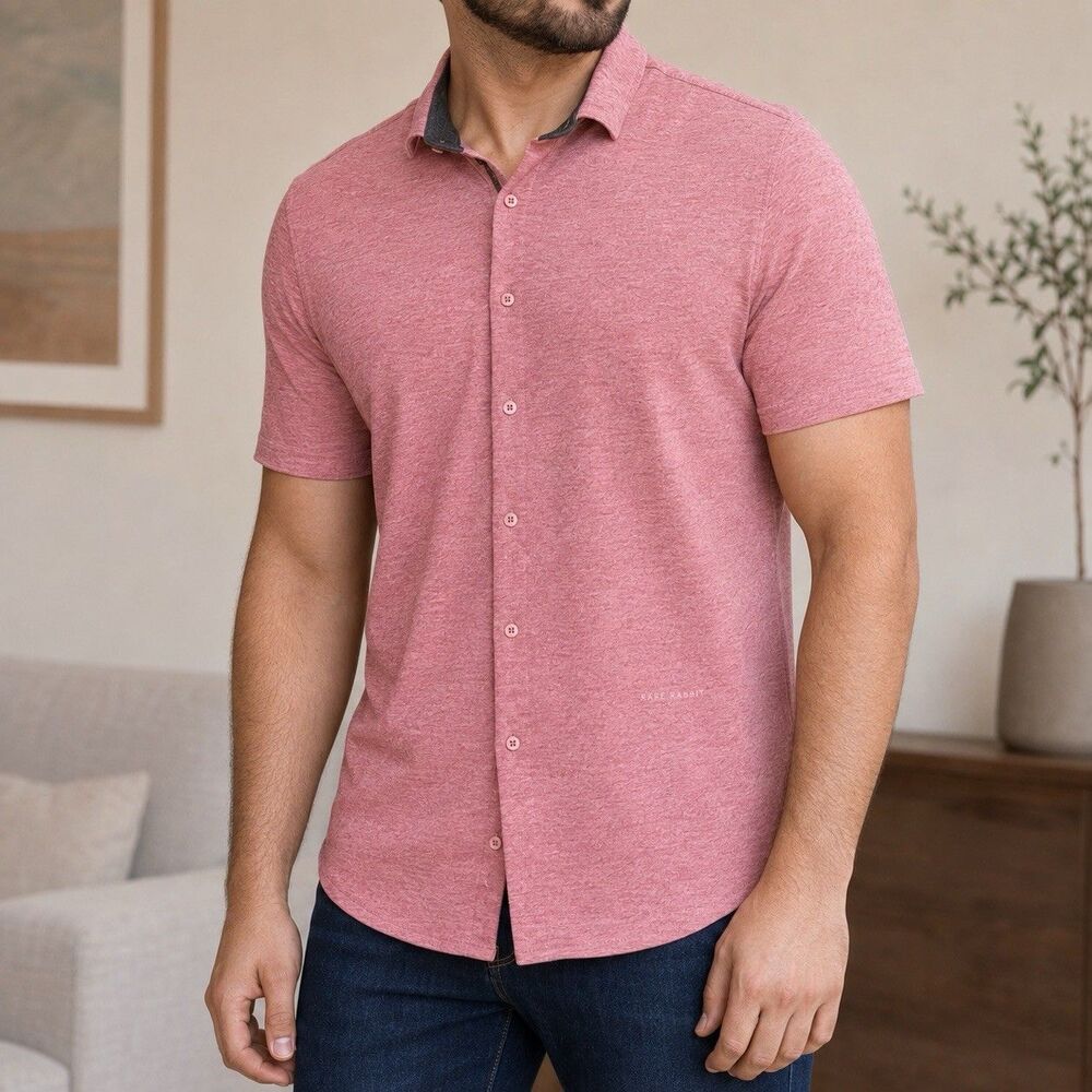 Rare Rabbit Miraj Mens L Pink Heather Short Sleeve Button Up Shirt Casual